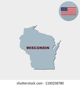 Map of the U.S. state of Wisconsin on a grey background. American flag, state name