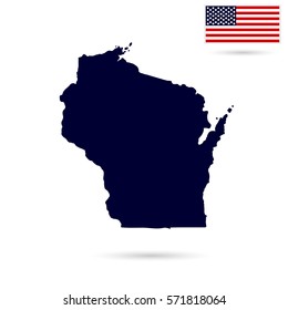 Map of the U.S. state  Wisconsin on a white background. American flag.