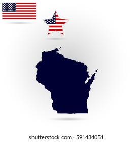 Map of the U.S. state of Wisconsin on a gray background. American flag, star
 