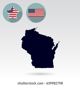 Map of the U.S. state of Wisconsin on a white background. American flag, star.