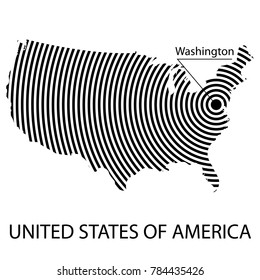 Map of the USA. Abstract black and white striped map of the country with the design of the capital. Isolated on white background.