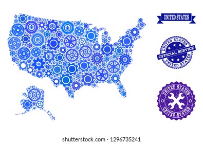 Map of USA and Alaska composed with blue gear symbols, and isolated scratched watermarks for official repair services.