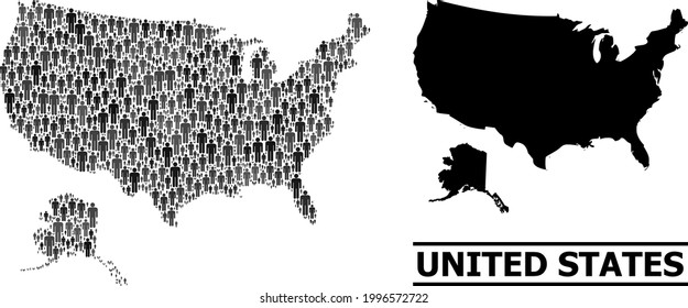 Map of USA and Alaska for social posters. Vector population collage. Collage map of USA and Alaska constructed of social elements. Demographic scheme in dark grey color tinges.