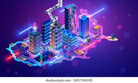 Mapa USA o Anuncio conceptual de la tecnología de América. Futuro isométrico Smart City en el mapa de Estados Unidos como Tablero de circuito impreso electrónico. Fondo de tecnología de EE.UU. Ciudad futurista en el mapa de Estados Unidos. Estados Unidos de América