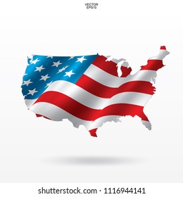 Map of the USA with american flag pattern and waving. Outline of "United States of America" map on white background with soft shadow. Vector illustration