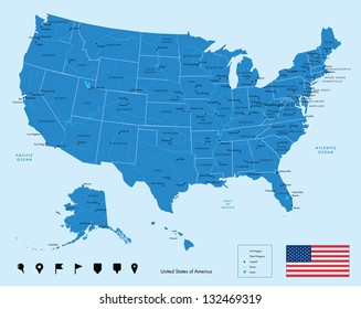 Map of USA in blue color. Vector illustration.
