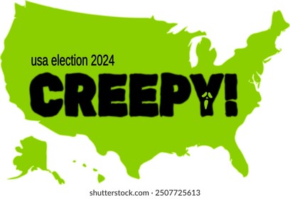 Map of the USA in brat green with black uneasy unstable letters spelling creepy under the title usa election 2024 both out of focus and unclear