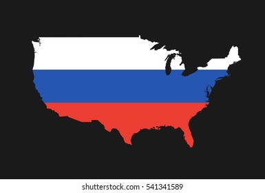 Map of USA in colors of Russia as metaphor of Russian sphere of interest. Political influence, interference, involvement and intervention of Russian state in United states of America