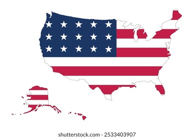 Map of the USA in the colour of the country's flag. Vector image of the map of the USA.