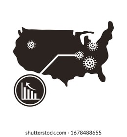 map of usa with covid 19 information and icons, line style icon vector illustration design