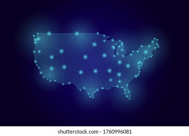 Map of the USA created from lines, bright points and polygons. Map of United States of America Vector illustartion
