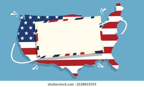 Map of USA decorated with American flag and blank sign for custom message