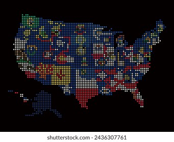 Map of USA from dots with states flags