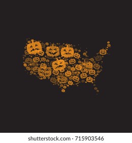 map of usa filled with pumpkin heads for halloween of different sizes and degrees of transparency on a black background
