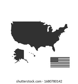 Map of USA and flag in black color. Stock Vector illustration isolated on white background.