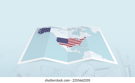 Map of USA with the flag of USA in the contour of the map on a trip abstract backdrop. Travel illustration.