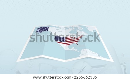 Map of USA with the flag of USA in the contour of the map on a trip abstract backdrop. Travel illustration.