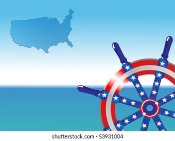 Map of the USA and flag executed in the form of a steering wheel against a blue sea and sky
