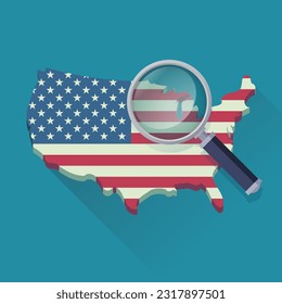 Map of USA flag under magnifying glass (flat design)