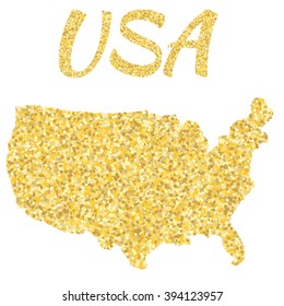 Map of USA in golden. With gold yellow particles and dots. Glitter background. Vector illustration.