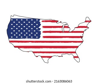Map of USA - hand drawn sketch black line outline contour map with grunge American flag - red and blue. Vector design element isolated on white background