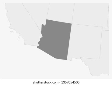Map of USA with highlighted Arizona map, gray map of US State Arizona with neighboring countries