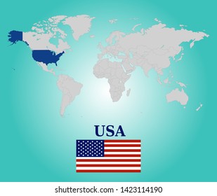 The map of USA is highlighted in blue on the world map with flag of america on blue gradient background