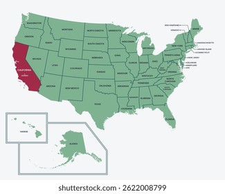 Map of USA, Highlighted at California State, with State border and capital