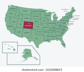 Mapa de Estados Unidos, resaltado en el estado de Colorado, con frontera y capital del estado