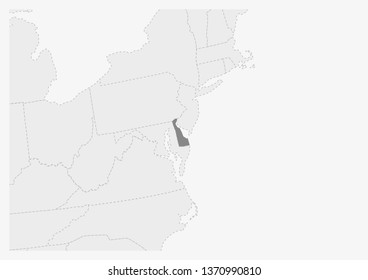 Map of USA with highlighted Delaware map, gray map of US State Delaware with neighboring countries