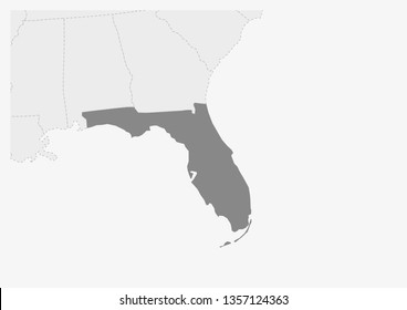 Map of USA with highlighted Florida map, gray map of US State Florida with neighboring countries