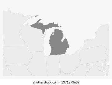 Map of USA with highlighted Michigan map, gray map of US State Michigan with neighboring countries