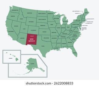 Map of USA, Highlighted at New Mexico State, with State border and capital