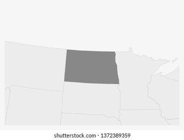 Map of USA with highlighted North Dakota map, gray map of US State North Dakota with neighboring countries