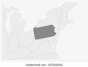 Map of USA with highlighted Pennsylvania map, gray map of US State Pennsylvania with neighboring countries