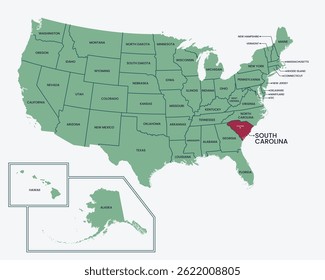 Mapa de EUA, Destaque no Estado da Carolina do Sul, com fronteira e capital