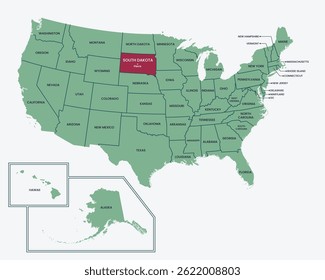 Map of USA, Highlighted at South Dakota State, with State border and capital