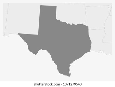 Map of USA with highlighted Texas map, gray map of US State Texas with neighboring countries