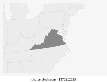 Map of USA with highlighted Virginia map, gray map of US State Virginia with neighboring countries