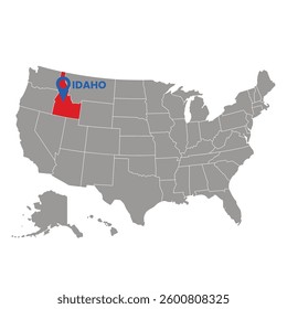A map of the USA highlights Idaho in red with a location pin, ideal for geographical or travel-related content.