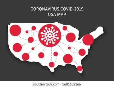 Map of USA illustrating fast spread of coronavirus COVID-19. USA coronavirus pandemic vector concept.