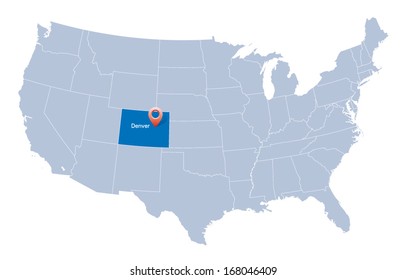 map of USA with the indication of State of Colorado and Denver