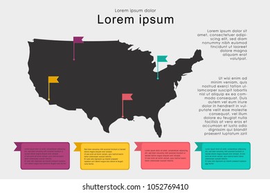 Map of the USA. Infographics. Colorful flags, space for text. Vector object