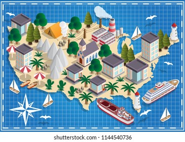 Map of the USA. Isometric. Vector illustration.