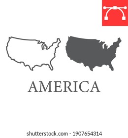 Map Of USA Line And Glyph Icon, Country And North America, Usa Map Sign Vector Graphics, Editable Stroke Linear Icon, Eps 10