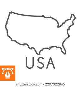 Map USA line icon, outline style icon for web site or mobile app, independence day and symbol, america map vector icon, simple vector illustration, vector graphics with editable strokes.