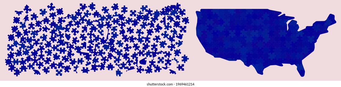 Map of USA made out of different shades blue - national color - jigsaw puzzle pieces, 204 scattered blocks and finished version