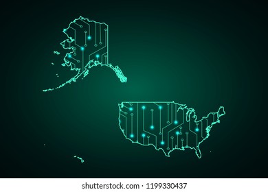 Map of USA Mercator, network line, design sphere, dot and structure on dark background with Map United States of America, Circuit board. Vector illustration. Eps 10