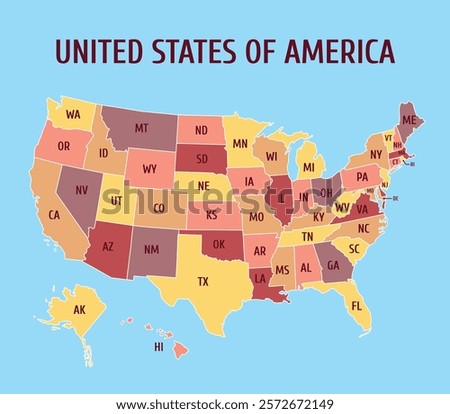 Map of the USA with the names of the states. Administrative map of the United States of America with borders and names. Vintage political map.
