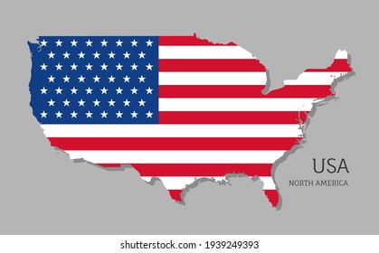 Map of USA with national flag. Highly detailed editable map of USA, North America country territory borders. Political or geographical design element vector illustration on gray background